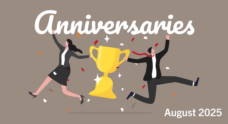 Two cheering people in business attire next to a large golden trophy. Confetti flies through the air. The caption above: Anniversaries August 2025