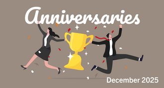 Two cheering people in business attire next to a large golden trophy. Confetti flies through the air. The caption above: Anniversaries december 2025