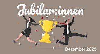Zwei jubelnde Personen in Businesskleidung neben einem großen goldenen Pokal. Konfetti fliegt durch die Luft. Darüber die Überschrift: Jubilar:innen Dezember 2025