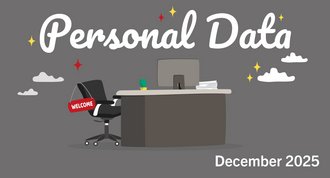 A desk, in front of it an empty chair with a sign saying “Welcome”. Above the headline: Personal data december 2025.